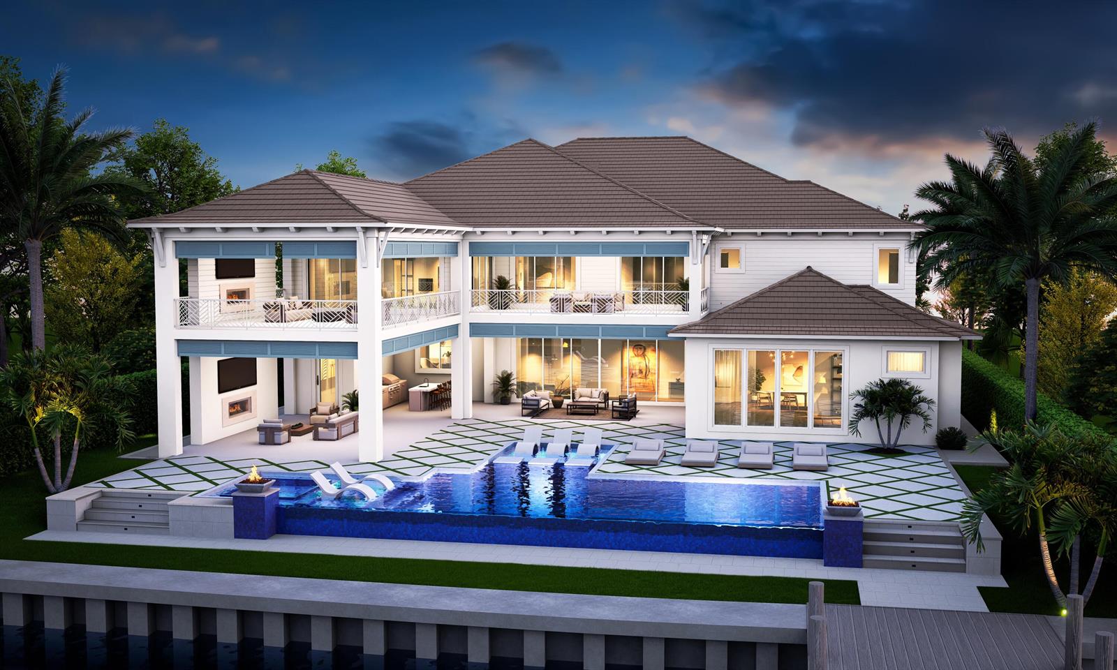 This architectural rendering shows the rear exterior of a two-story house with a swimming pool — 5548 Pennock Point Road, Jupiter FL 33458, JUPITER, FL