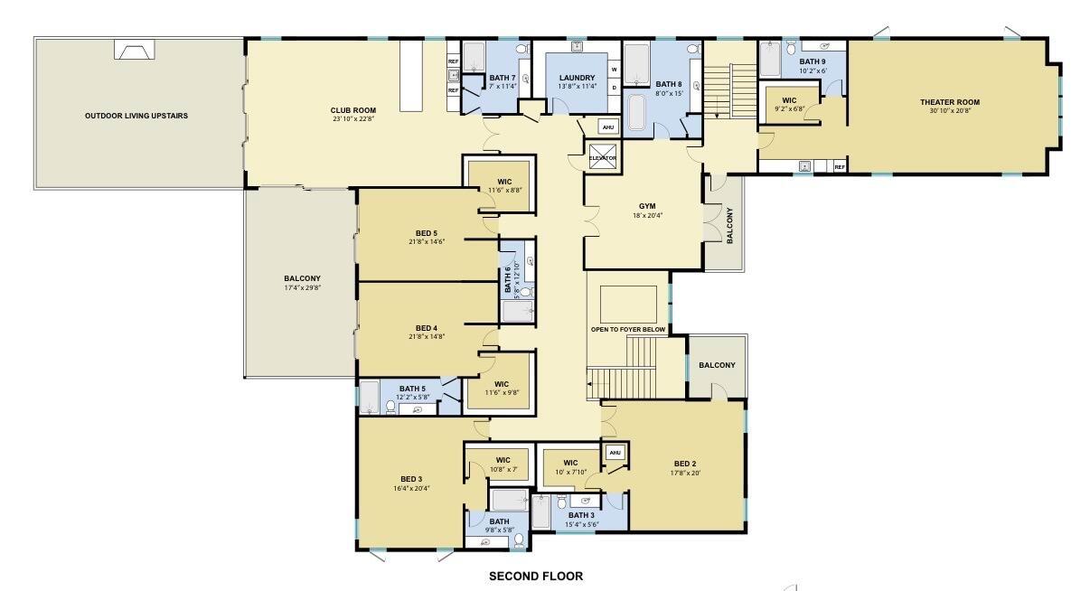 This is a floor plan of a second-floor layout featuring multiple bedrooms, bathrooms, and balconies — 5548 Pennock Point Road, Jupiter FL 33458, JUPITER, FL