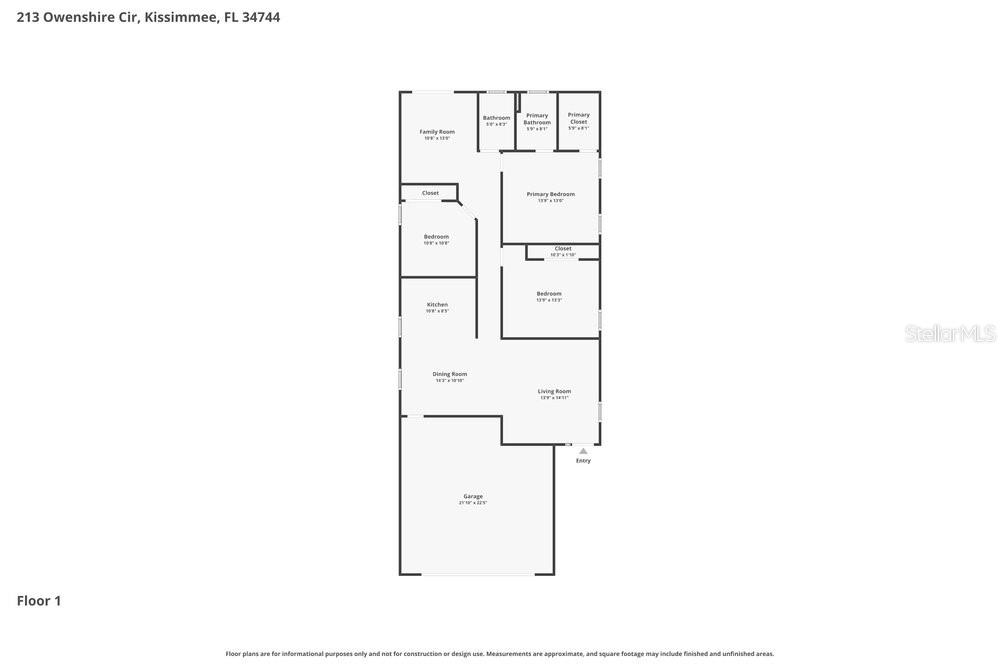 This is a floor plan for a single-story residential home with a garage — 213 OWENSHIRE CIRCLE, KISSIMMEE, FL