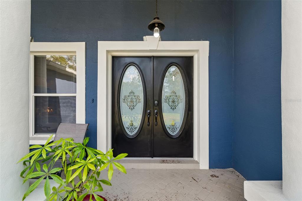 A dark blue exterior wall features a double front door with oval glass inserts — 12916 ITHACA AVENUE, HUDSON, FL