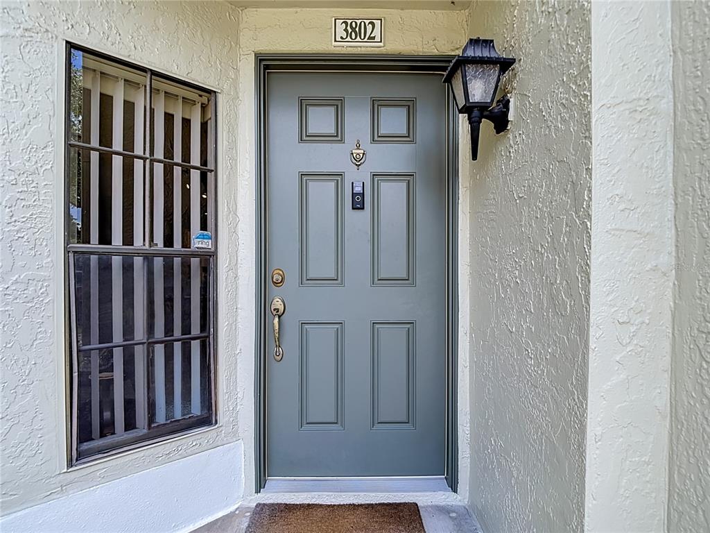 A front entryway features a gray door with a smart doorbell and a side window — 5100 BURCHETTE ROAD UNIT 3802, TAMPA, FL