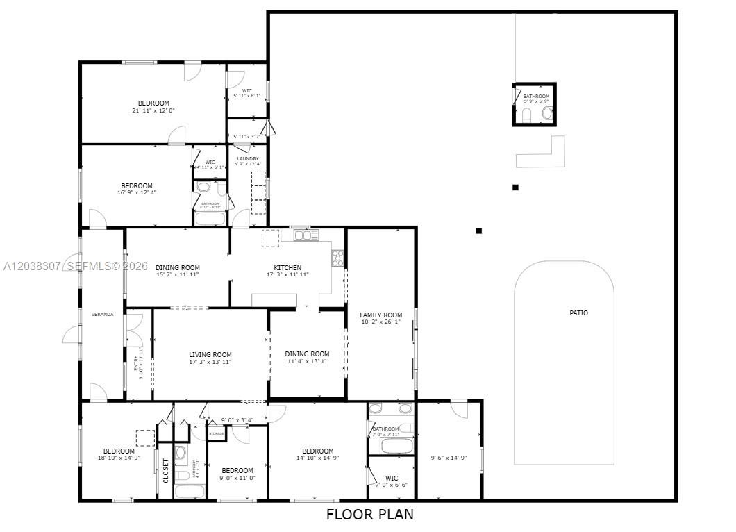 This is a floor plan of a house with multiple bedrooms, bathrooms, and a large patio — 9601 SW 66th St, Miami FL 33173, MIAMI, FL