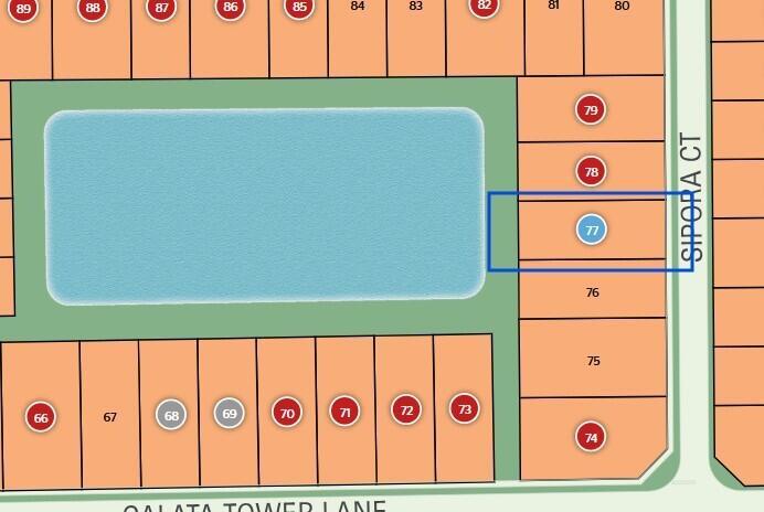This is a site map showing a residential lot highlighted in blue next to a pond — 4375 Sipora Court # 77, Lake Worth FL 33467, LAKE WORTH, FL