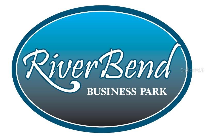 This is a graphic logo for River Bend Business Park featuring text inside an oval — 495 BRADY ROAD, TARPON SPRINGS, FL