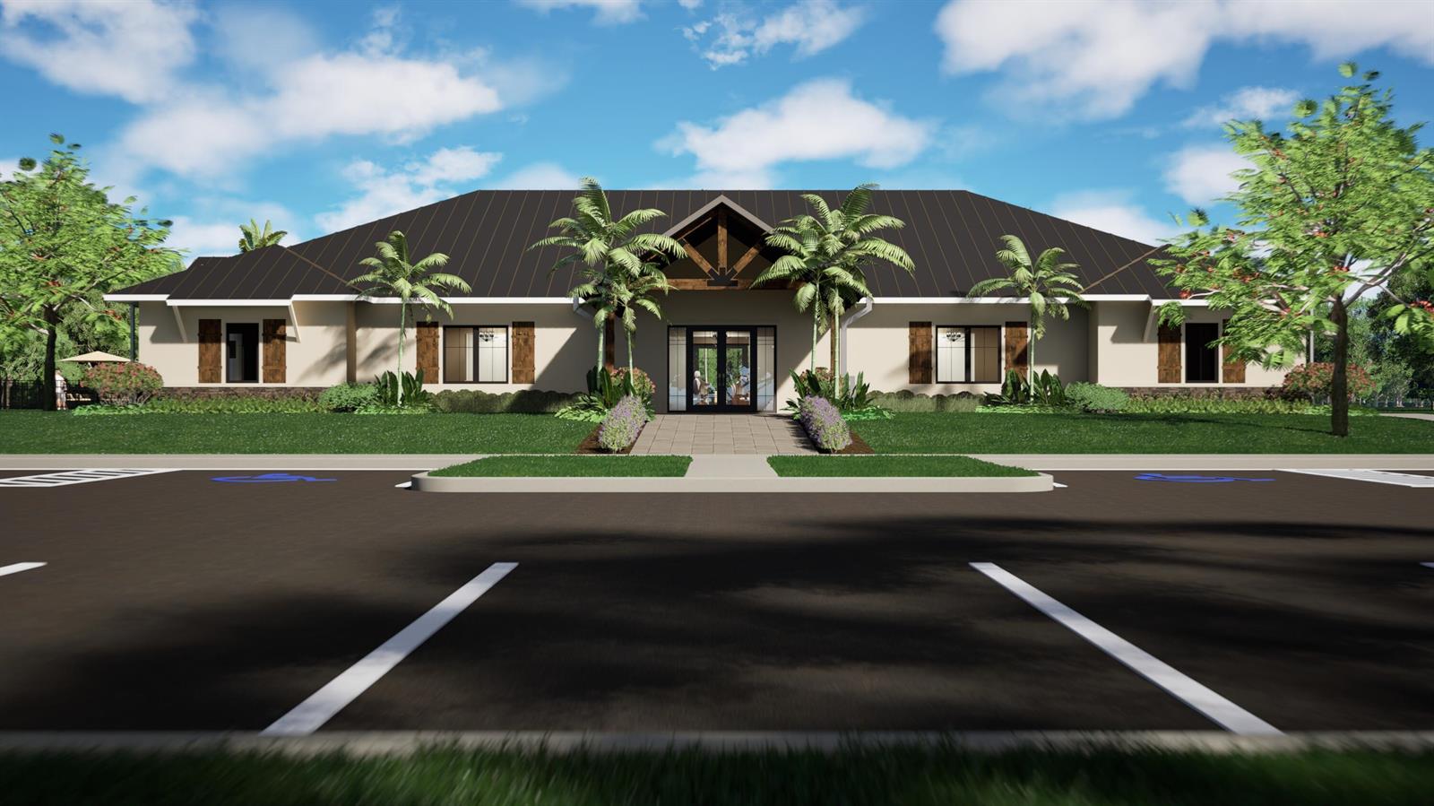 This architectural rendering shows the exterior of a single-story building with a dark metal roof — 13663 SW Vine Drive, FL 34956, FL