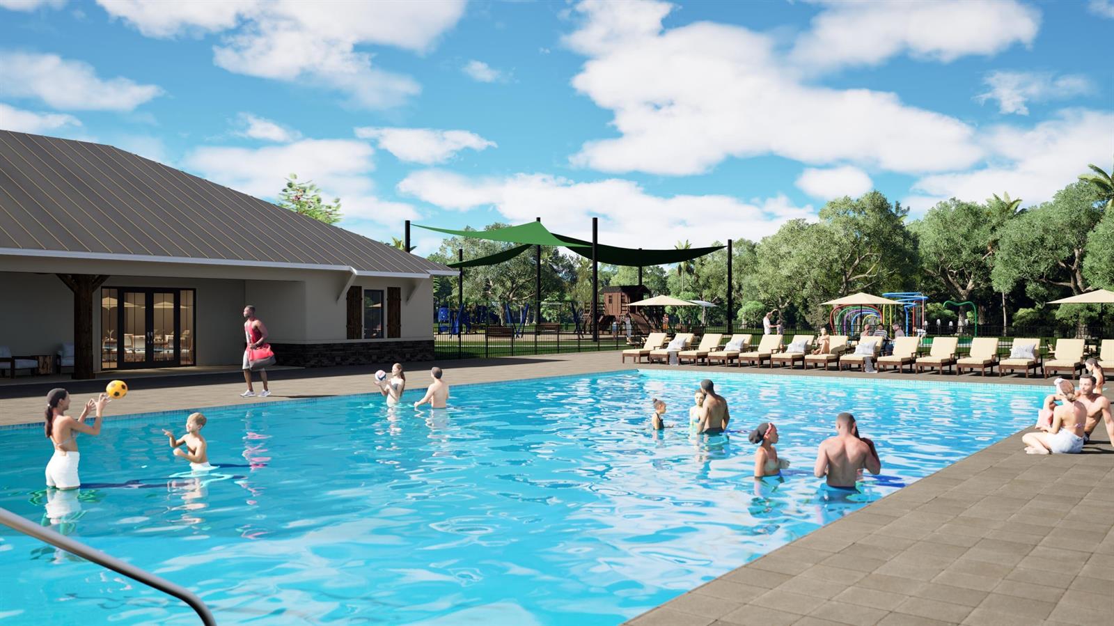 This rendering shows an outdoor swimming pool with lounge chairs and a playground nearby — 13663 SW Vine Drive, FL 34956, FL