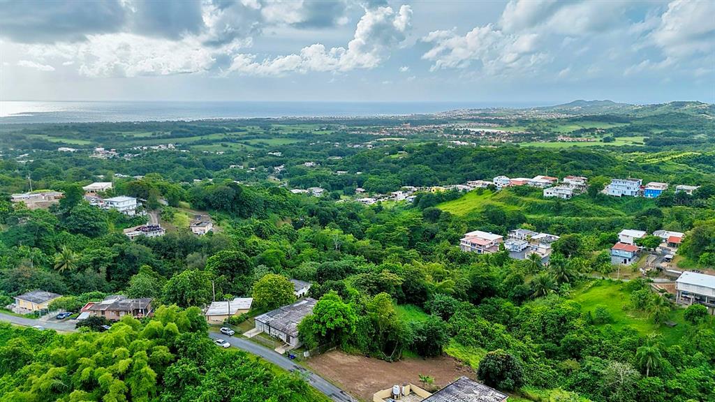 An aerial view shows a hillside neighborhood with scattered houses surrounded by lush green vegetation — BO. BUENA VISTA UNIT 7, HUMACAO, PR
