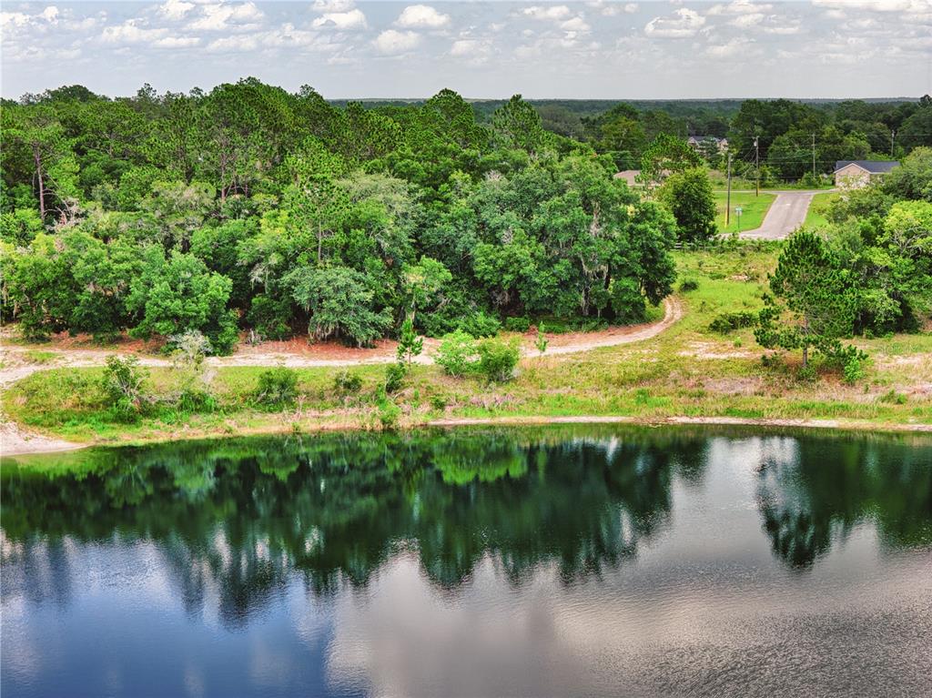 An aerial view shows a pond in the foreground with a wooded area and road beyond — MALAUKA LOOP, OCKLAWAHA, FL