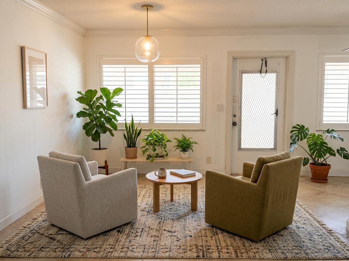 A sunlit living room features two armchairs, a small coffee table, and several potted plants — 2131 NE 42nd Court # 202e, Lighthouse Point FL 33064, LIGHTHOUSE POINT, FL