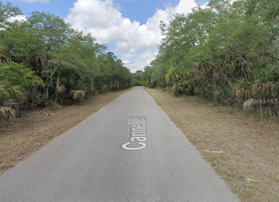 A paved road stretches through a wooded area with dense trees and vegetation on both sides — 14315 CANNEL LANE, PORT CHARLOTTE, FL
