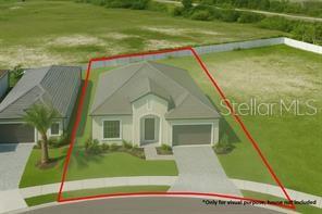A digital rendering shows a single-story house with a two-car garage and a fenced yard — 74 DEL PALMA DRIVE, PALM COAST, FL