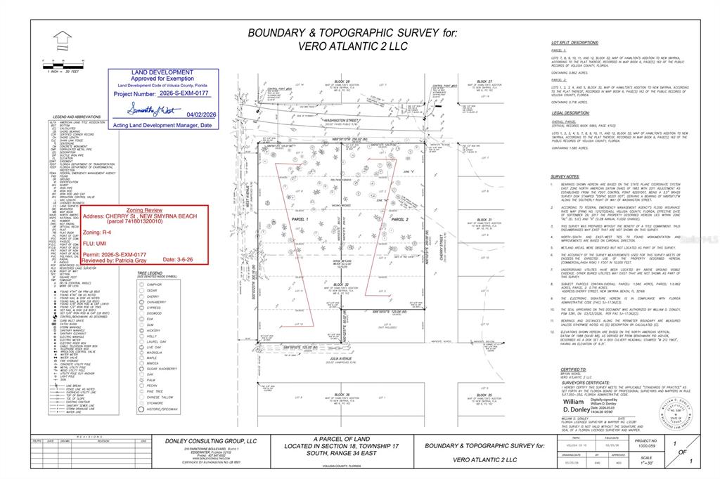 This is a boundary and topographic survey map for a property in New Smyrna Beach — 0 WASHINGTON STREET, NEW SMYRNA BEACH, FL