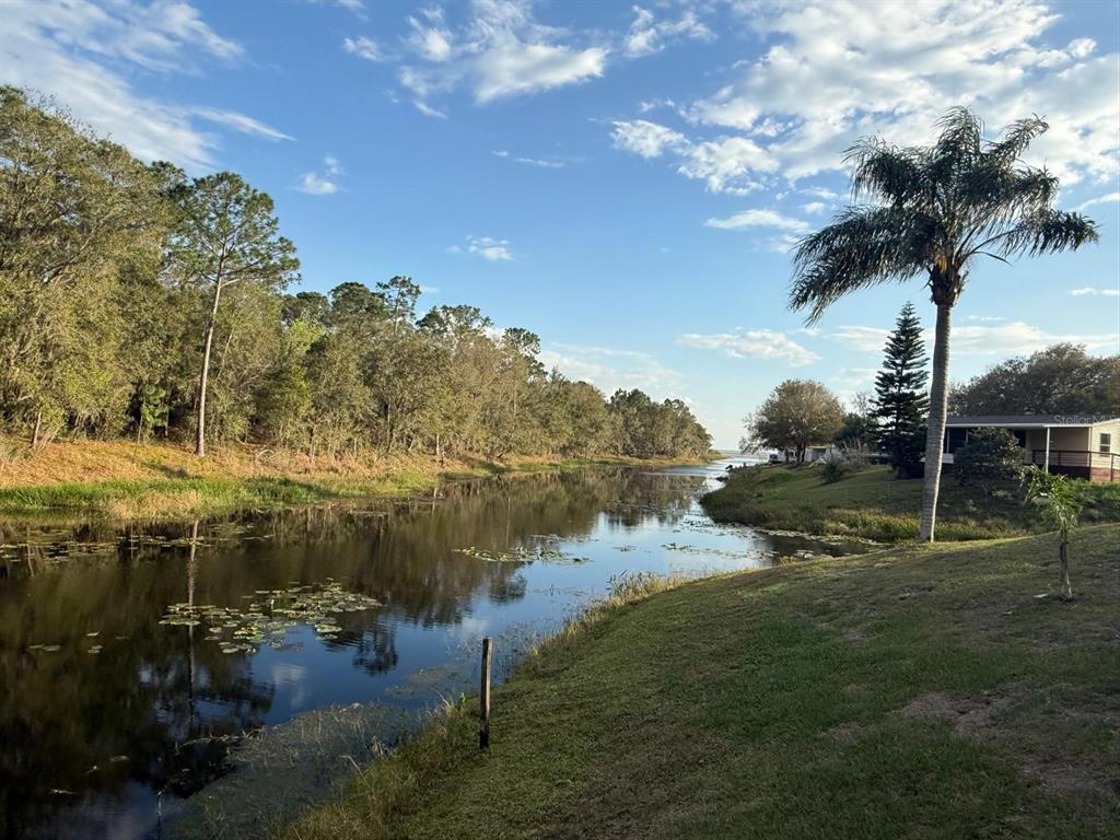 A canal flows past a grassy bank with a palm tree and a house nearby — CANAL COURT, LAKE WALES, FL