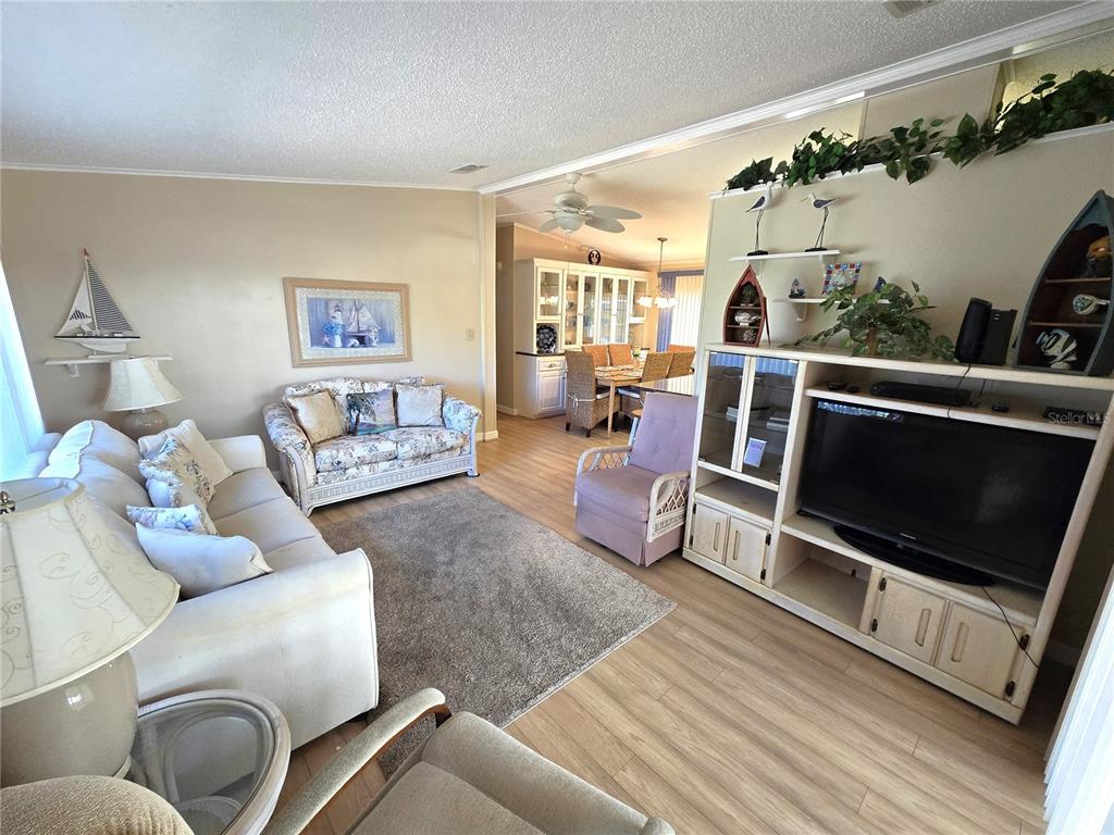 A living room with light wood flooring, a grey area rug, and an entertainment center — 8503 PRINCESS COURT, PALMETTO, FL