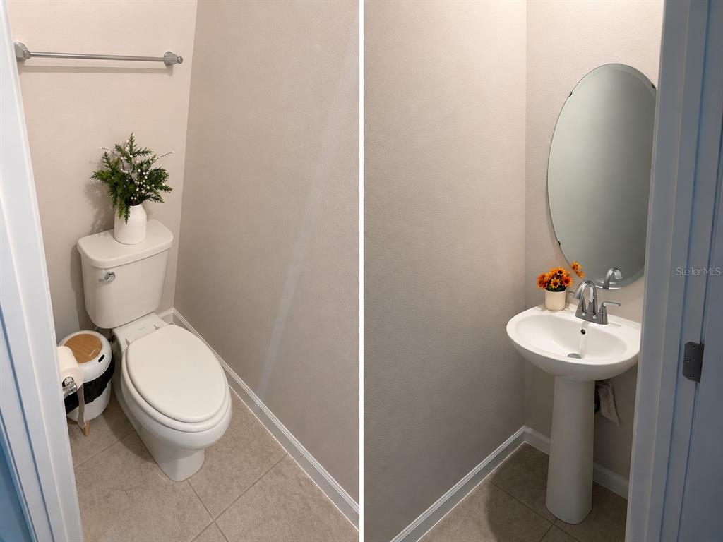 A split-view photo shows a half bathroom with a toilet and a pedestal sink — 614 MANCHESTER PATH, DUNDEE, FL