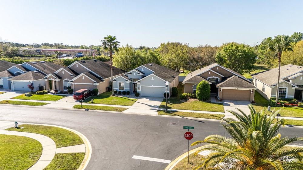 An aerial view of a suburban street featuring several single-family homes with driveways and lawns — 9973 CYPRESS KNEE CIRCLE, ORLANDO, FL