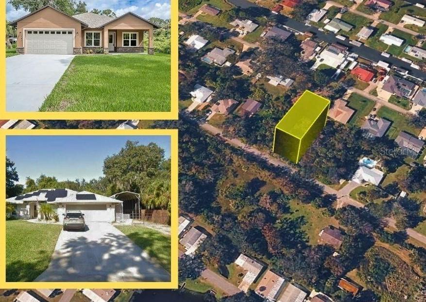 This composite image shows two house exteriors and an aerial view of a wooded lot — POINCIANA ROAD, EDGEWATER, FL