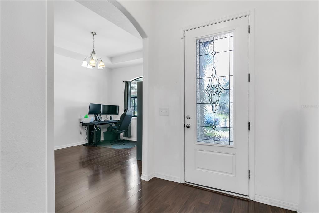 An entryway with a white front door leads to an adjacent room with dark flooring — 12514 BALLENTRAE FOREST DRIVE, RIVERVIEW, FL