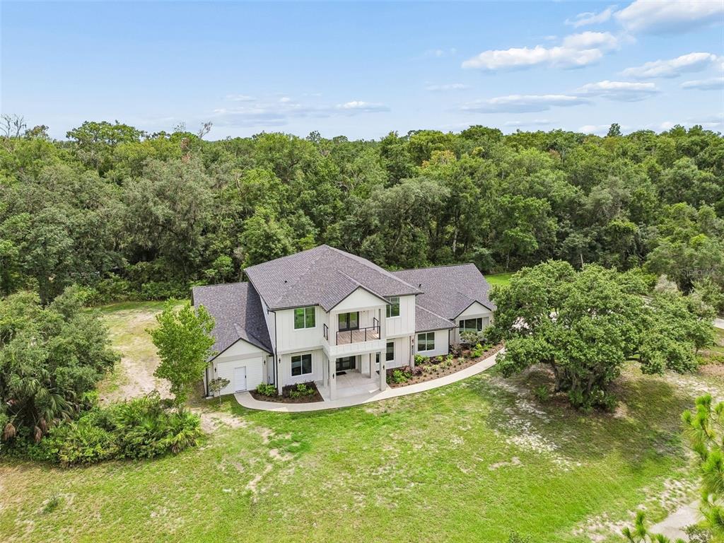 An aerial view of a two-story white house with a dark roof surrounded by trees — 12000 GOLDEN VALLEY DRIVE, NEW PORT RICHEY, FL