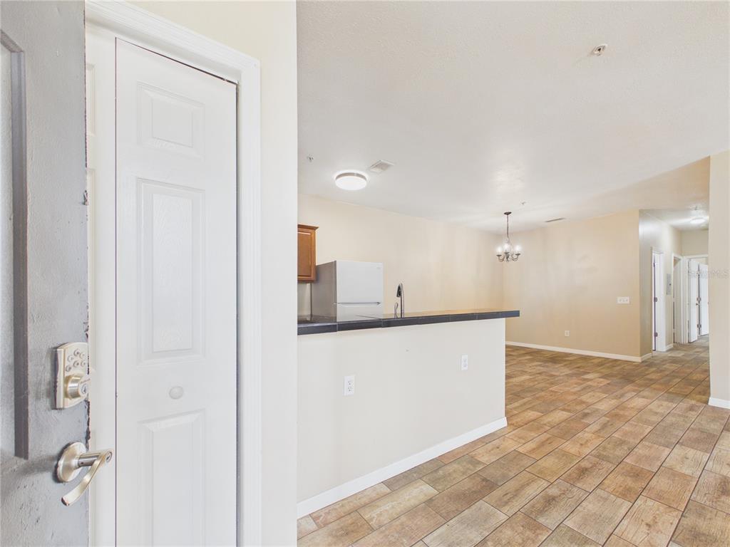 A view from an entryway looking into a kitchen with a breakfast bar and dining area — 16305 ENCLAVE VILLAGE DRIVE UNIT 102, TAMPA, FL