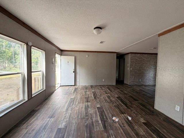 An empty room features wood-look flooring, light-colored walls, a white door, and large windows — 1848 SE 178TH STREET, SUMMERFIELD, FL