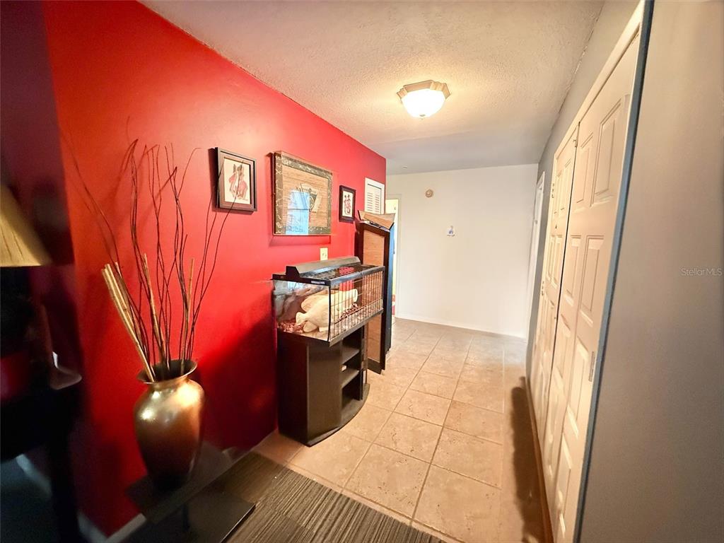 A hallway features a red accent wall, tiled flooring, a glass terrarium, and closet doors — 7137 MARVISTA COURT, ORLANDO, FL