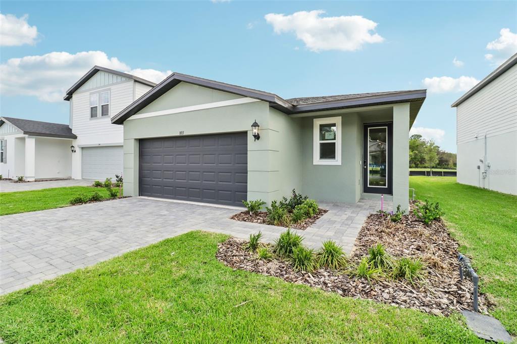 A single-story house with a sage green exterior, a dark garage door, and a paved driveway — 803 SUNSHOWER DRIVE, LADY LAKE, FL