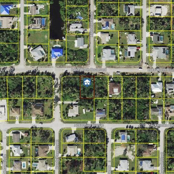 This is an aerial map view of a residential neighborhood with a highlighted vacant lot — 18421 LAKE WORTH BOULEVARD, PORT CHARLOTTE, FL