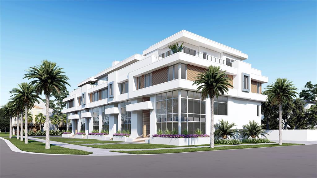 A digital rendering of a modern, multi-story white townhouse complex with palm trees and landscaping — 85 DAVIS BOULEVARD UNIT A, TAMPA, FL