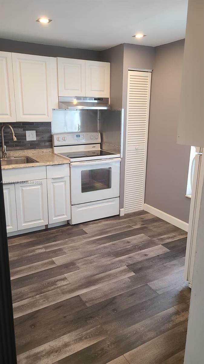 A kitchen features white cabinets, a white stove, a stainless steel sink, and wood-look flooring — 1402 NW 80th Ave # 205, Margate FL 33063, MARGATE, FL