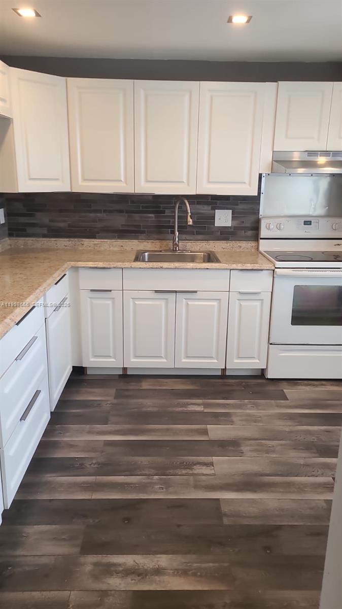 A kitchen features white cabinets, a stainless steel sink, a stove, and wood-look flooring — 1402 NW 80th Ave # 205, Margate FL 33063, MARGATE, FL