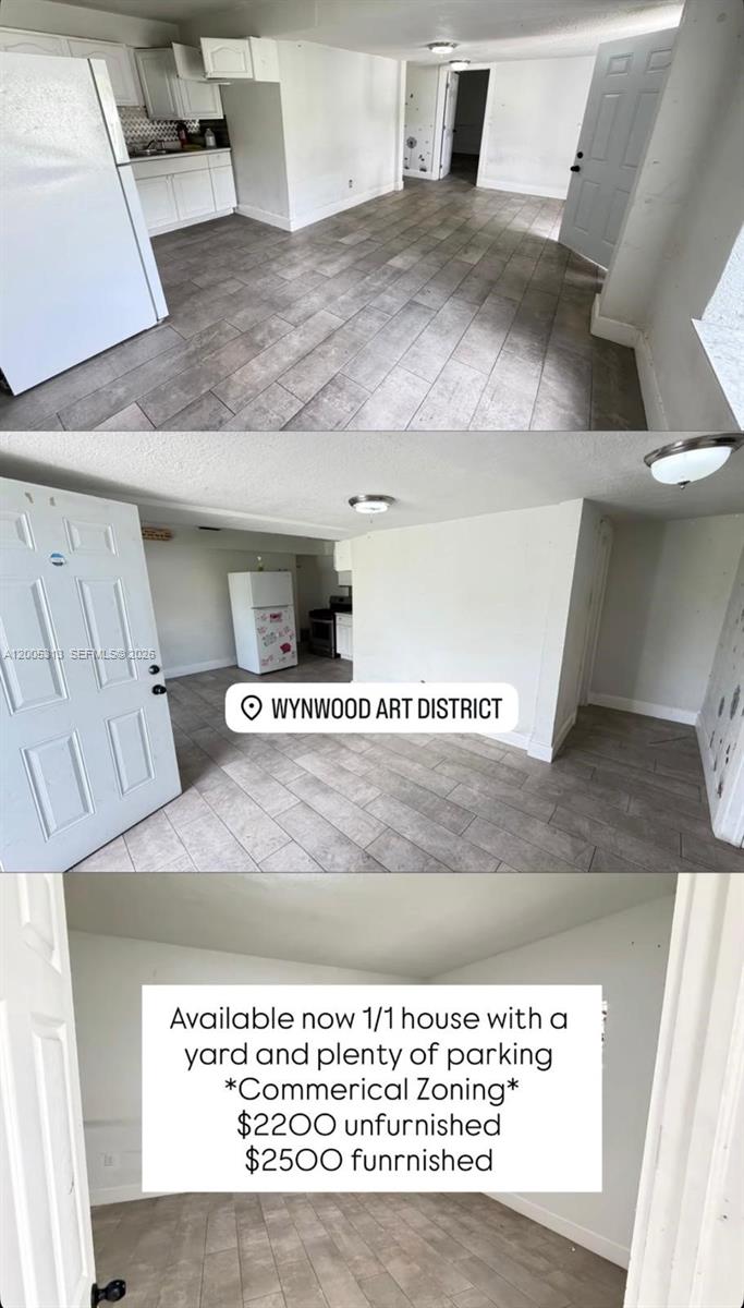 The interior shows a kitchen and living area with white walls and gray tile flooring — 301 NW 37th St, Miami FL 33127, MIAMI, FL