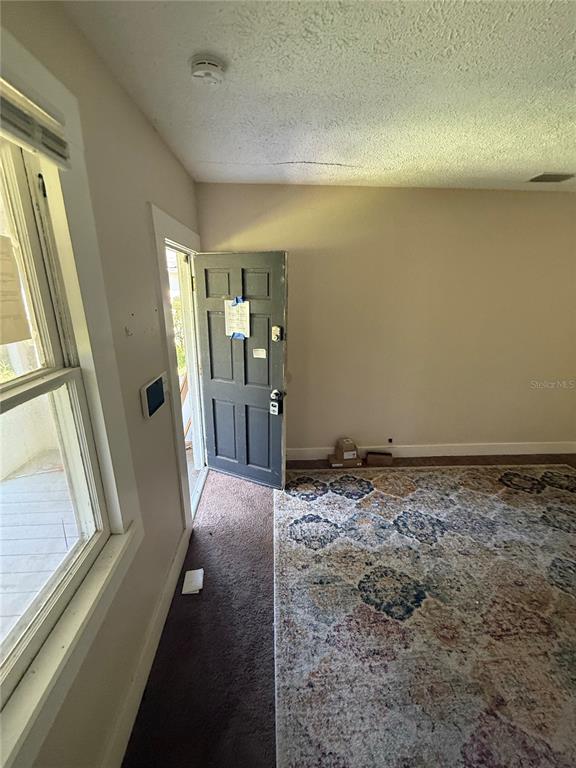 An interior view shows a room with a patterned rug, a dark door, and a window — 5905 BRILEY AVENUE, JACKSONVILLE, FL