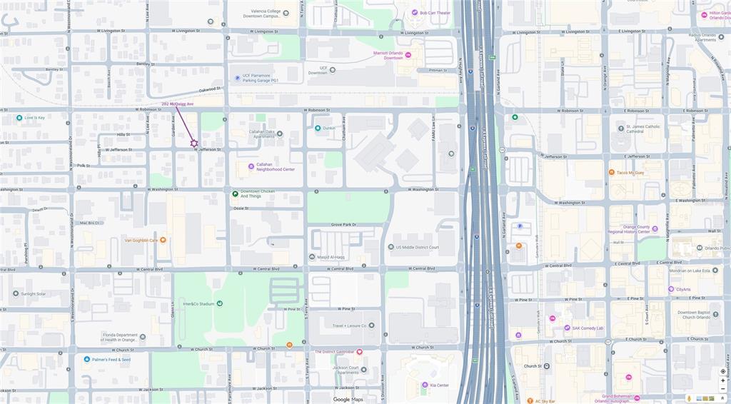 This is a map showing the street layout and landmarks of downtown Orlando, Florida — 202 MCQUIGG AVENUE, ORLANDO, FL