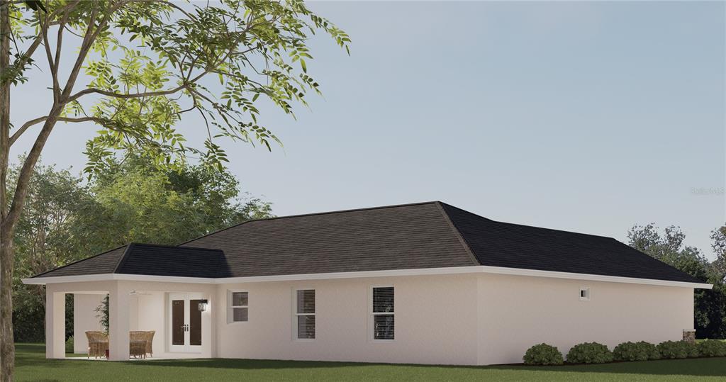 This is a digital rendering of the exterior rear view of a single-story stucco house — TBD MAGNOLIA PLACE DRIVE, OCKLAWAHA, FL
