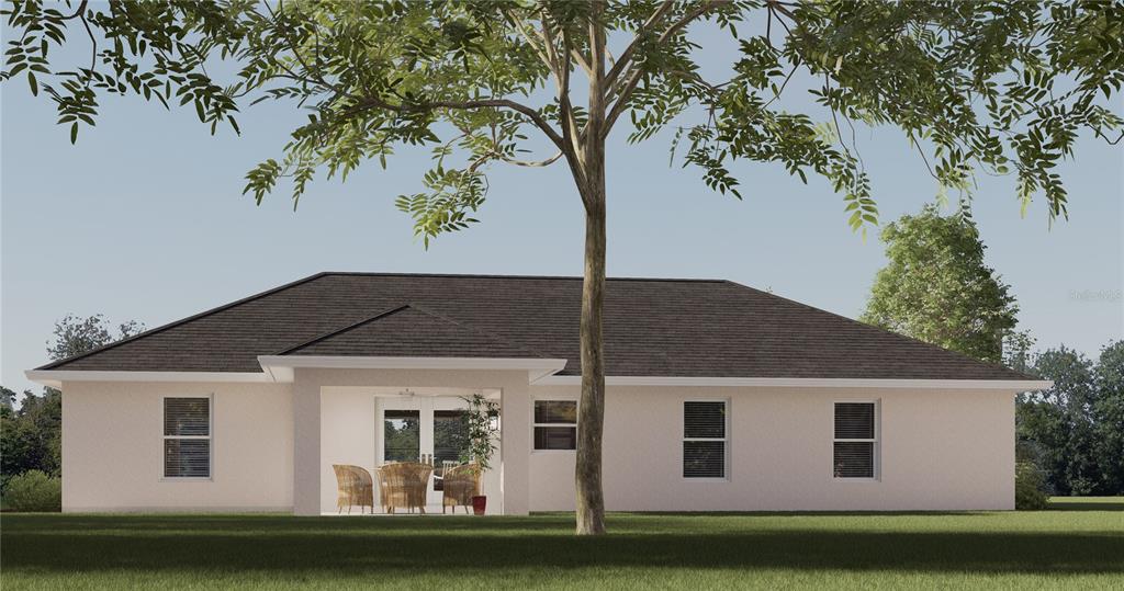 This is a digital rendering of the rear exterior of a single-story house — TBD MAGNOLIA PLACE DRIVE, OCKLAWAHA, FL