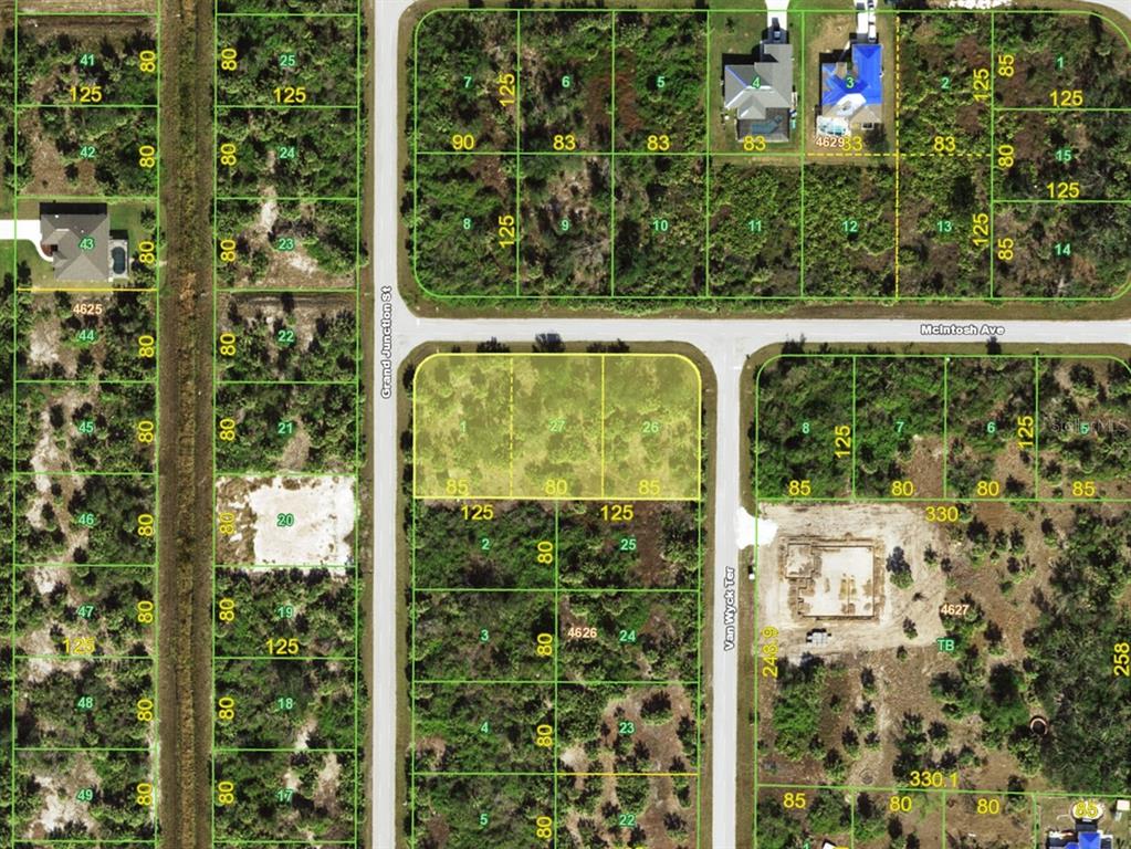 This is an aerial map showing residential land parcels and street layouts — 10431 VAN WYCK TERRACE, PORT CHARLOTTE, FL