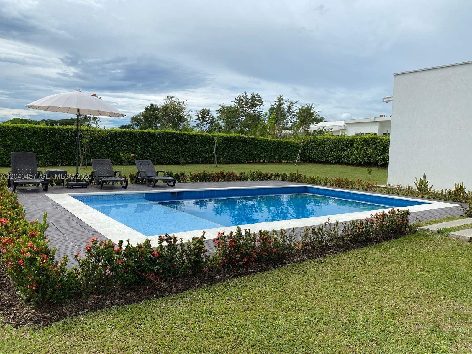 A rectangular swimming pool with a deck, lounge chairs, and a hedge in the backyard — 0 GINEBRA VALLE COL, FL, FL