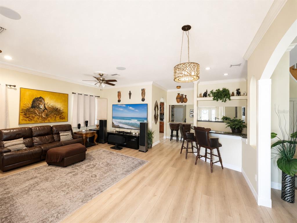 A living room with a brown leather sofa, television, and a breakfast bar area — 3517 HAINES ROAD N, ST PETERSBURG, FL