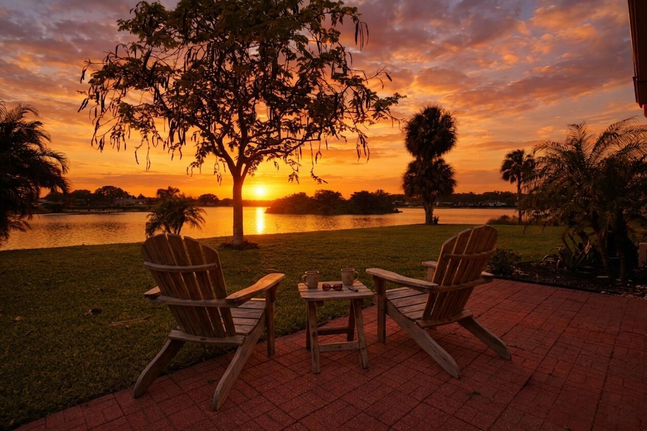 Two wooden chairs and a small table sit on a brick patio overlooking a lake — 220 Seville J, Delray Beach FL 33446, DELRAY BEACH, FL