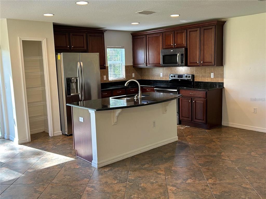 A kitchen features dark wood cabinets, black granite countertops, a center island, and tile flooring — 2802 BIRCHCREEK DRIVE, WESLEY CHAPEL, FL