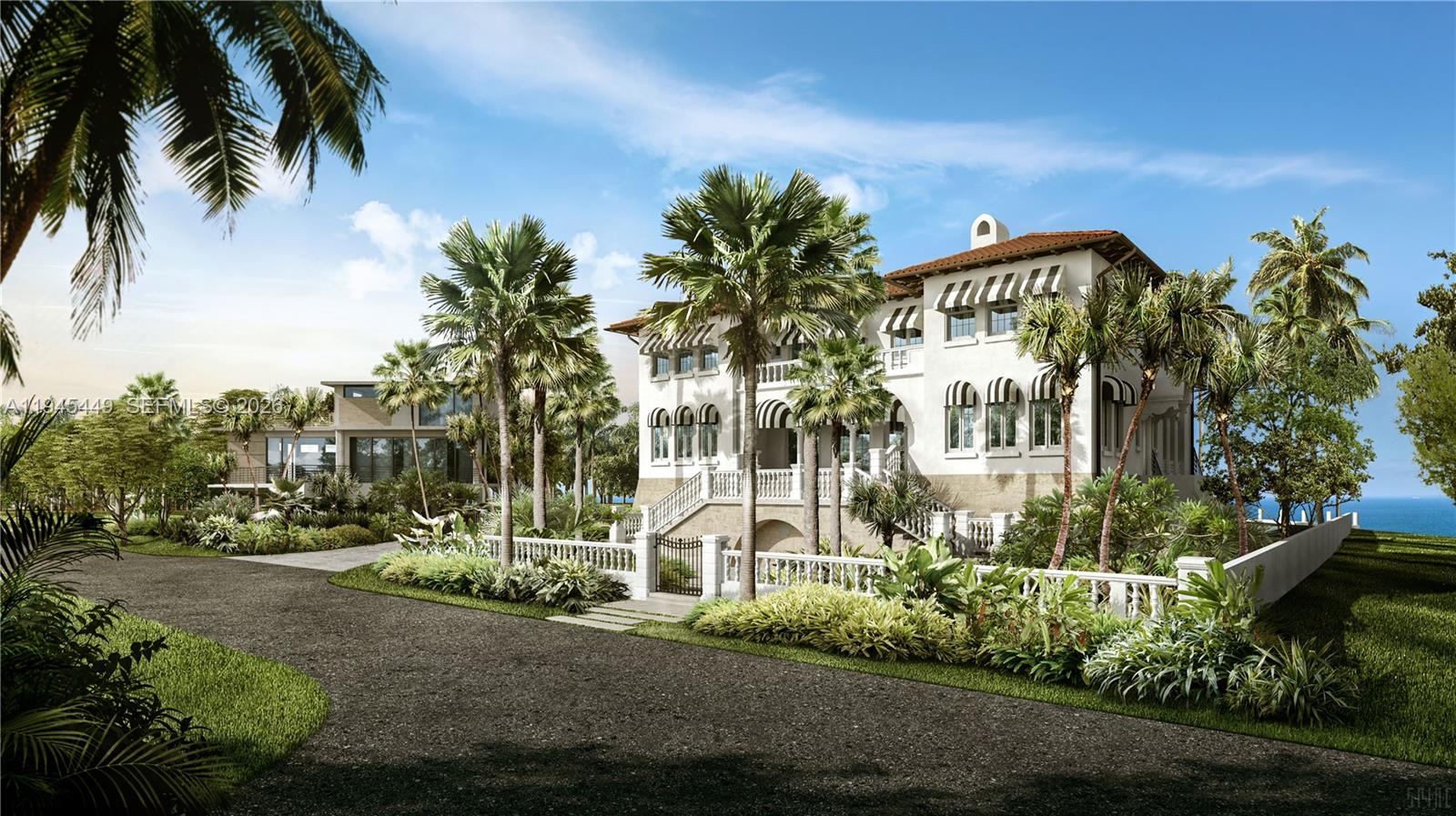 This is a rendering of a multi-story Mediterranean-style house with palm trees and a driveway — 7101 NE 10th Ave, Miami FL 33138, MIAMI, FL