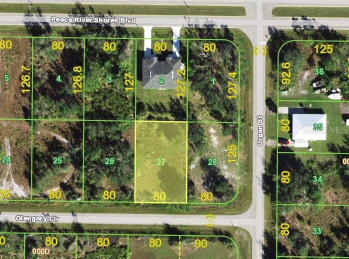 This is a satellite map view showing a highlighted rectangular residential lot among other properties — 295 GLENGARY CIRCLE, PUNTA GORDA, FL