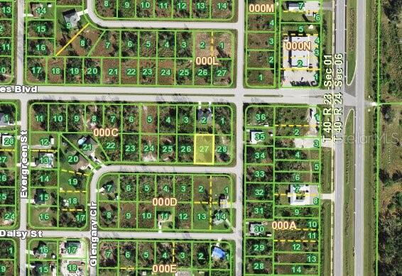 This is a satellite map view of a residential neighborhood with highlighted land parcels — 295 GLENGARY CIRCLE, PUNTA GORDA, FL