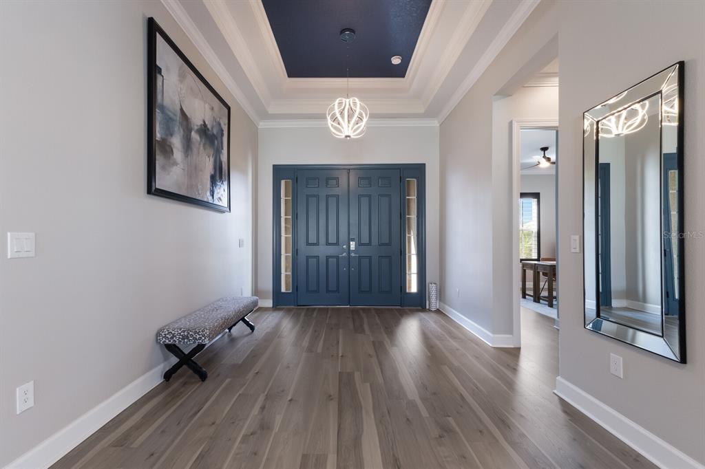 A foyer features a blue tray ceiling, a modern chandelier, and a patterned bench — 5510 PANELLA COURT, PALMETTO, FL