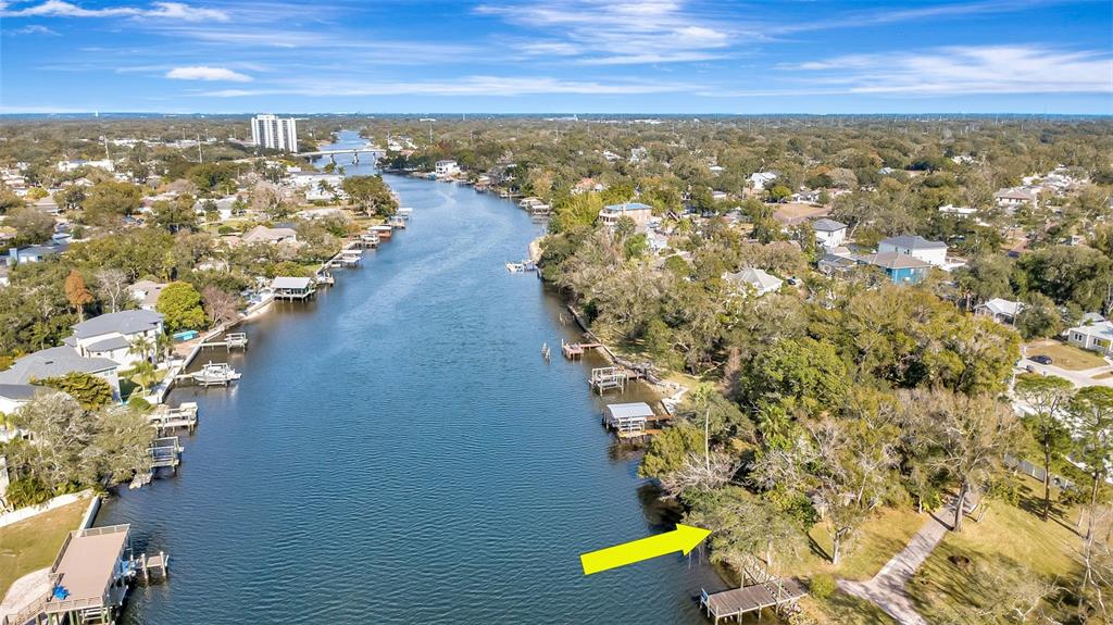 An aerial view shows a river lined with houses, docks, and trees under a blue sky — 3306 N PERRY AVENUE, TAMPA, FL