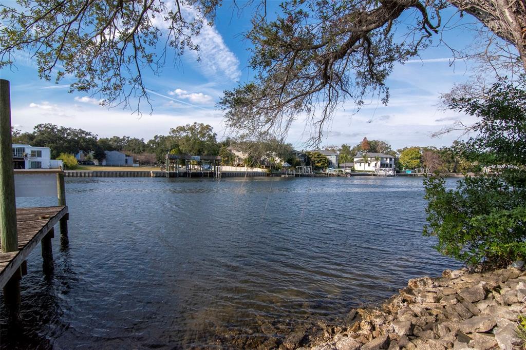 A view of a calm river from a wooden dock with trees and houses nearby — 3306 N PERRY AVENUE, TAMPA, FL
