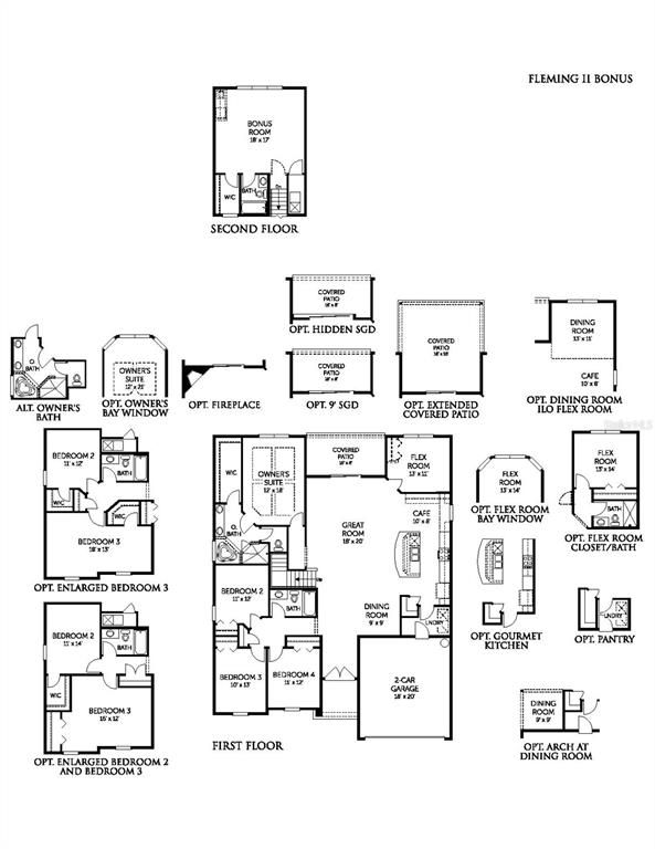 This floor plan shows the layout and various structural options for a single-story residential home — 3399 WOODIE RUN, ORANGE PARK, FL