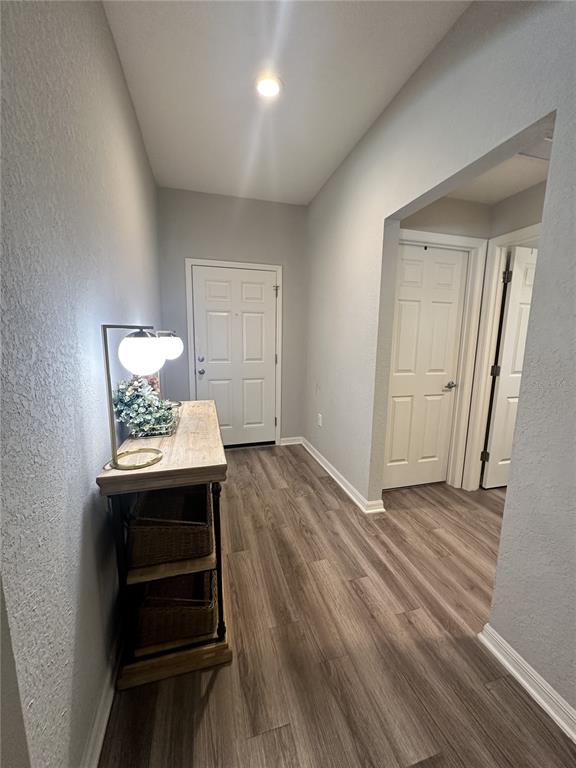 A hallway features light gray walls, wood-look flooring, a console table with a lamp, and doors — 6911 GIDEON CIR, ZEPHYRHILLS, FL