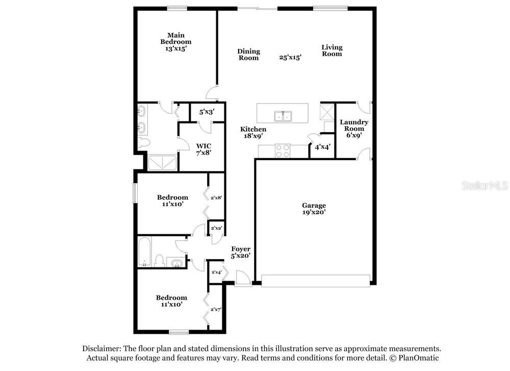 This is a floor plan of a single-story home with three bedrooms and a garage — 11515 SAGE CANYON DRIVE, RIVERVIEW, FL